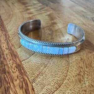 Opal Inlay Silver Cuff Bracelet - Blue Opalescent